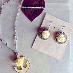Rockabilly Yellow Rose Anchor Necklace + Rose Earring Set